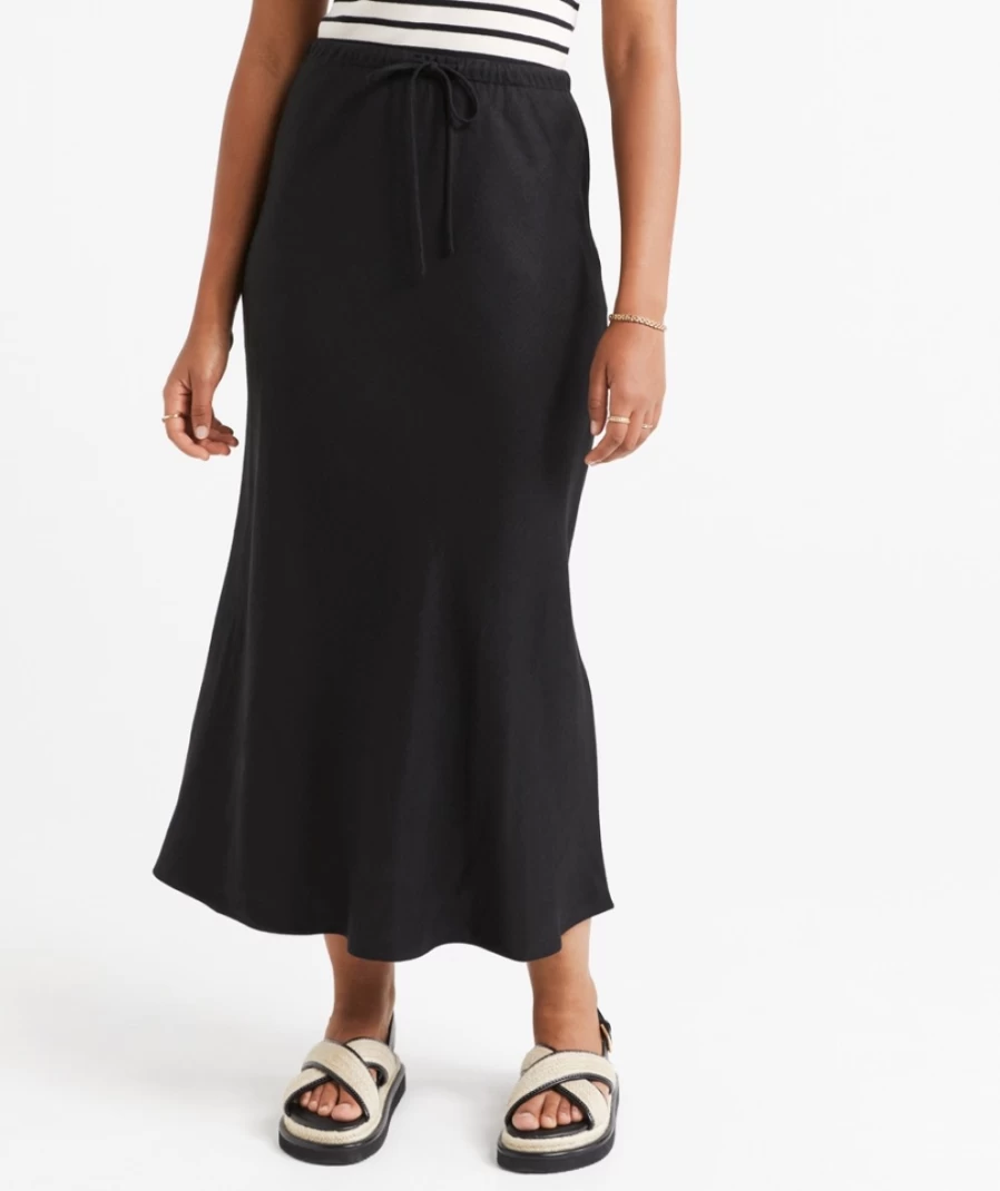Sportsgirl Women's Ebony Linen Blend Drawstring Midi Skirt - Comfortable Stylish Wrap Waist Summer Skirt