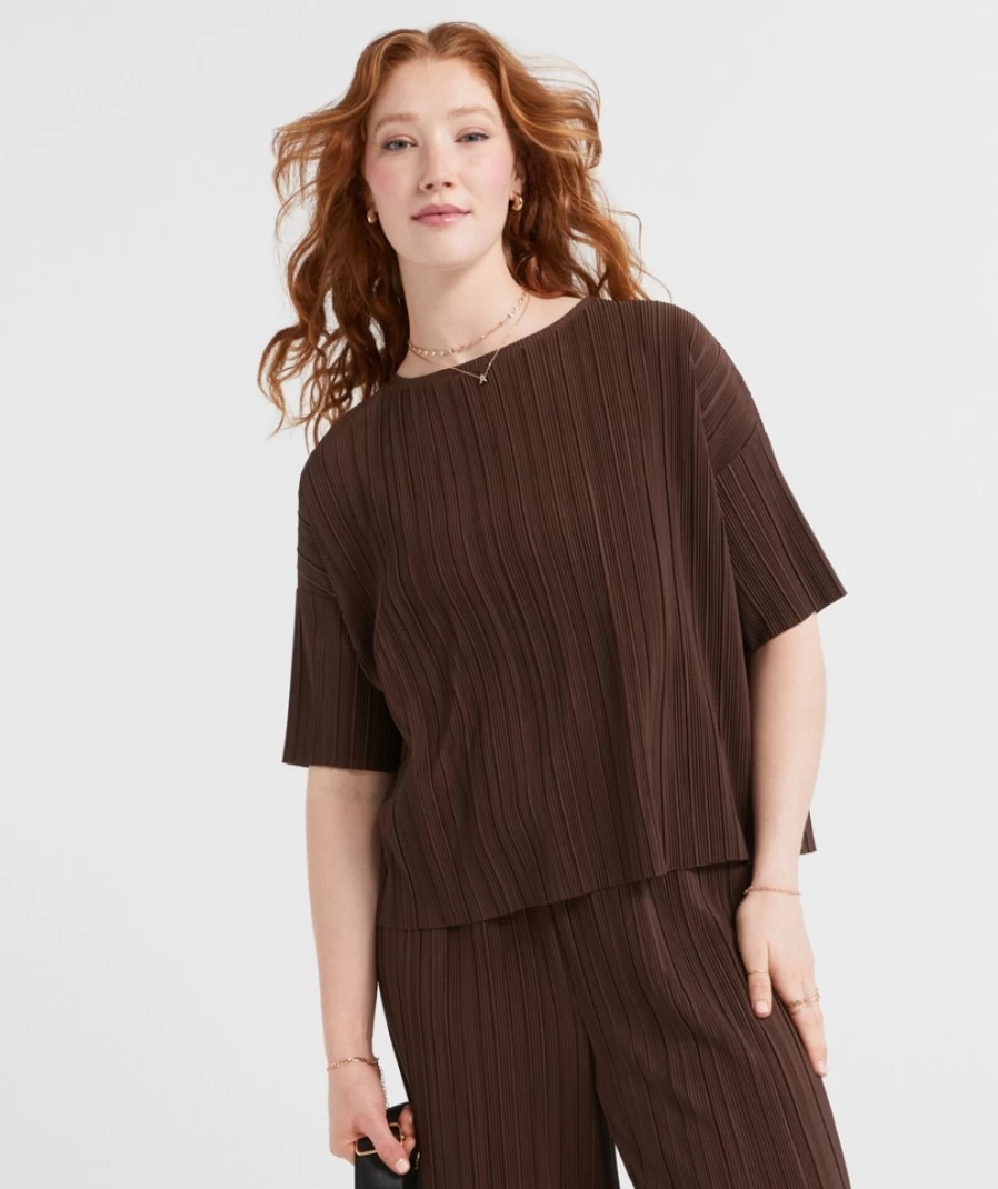 Sportsgirl Women's Chocolate Pleated Plisse Top - Sadie Style Elegant Blouse